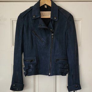 BURBERRY BRIT "Sandfield" Suede Leather Moto Jacket Blue 6 Medium